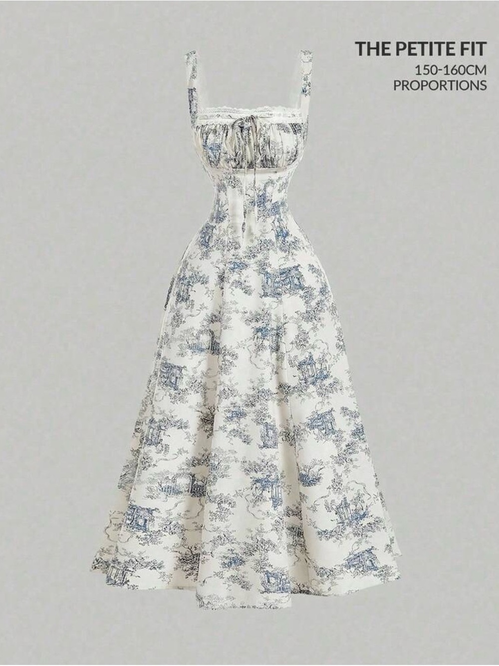 Petite Blue Toile Midi Dress with Lace Trim